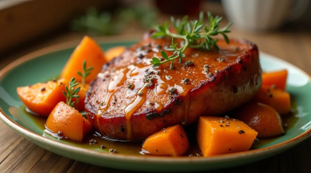 Juicy baked ham steak drizzled with glaze, served with seasoned yam cubes and garnished with fresh rosemary.