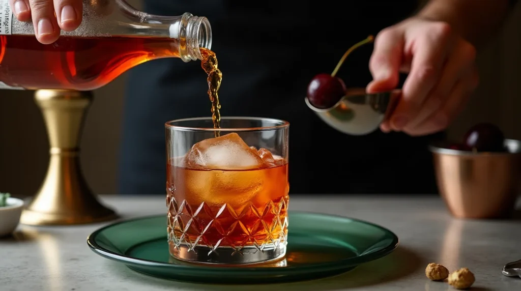 A preparation scene for a Black Manhattan cocktail featuring a hand pouring whiskey into a crystal glass with ice, while another hand garnishes with a cherry, set on a green plate with a refined background.