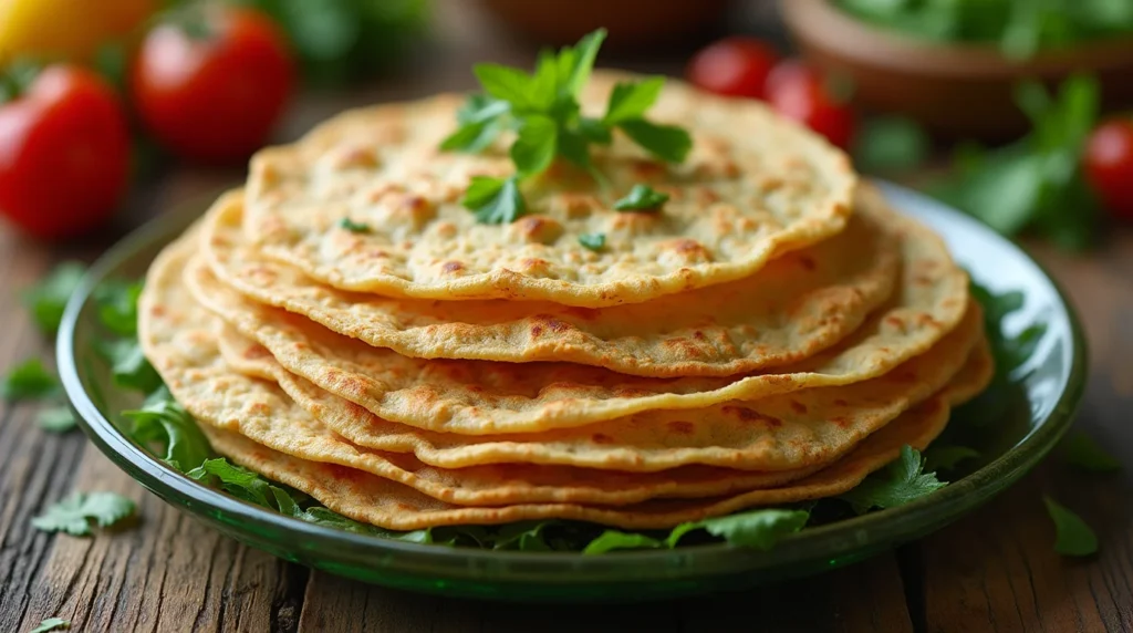 A stack of freshly made sourdough tortillas garnished with parsley on a green plate, surrounded by fresh vegetables.