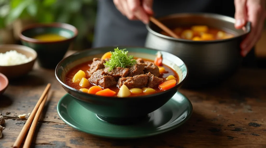 A beautifully presented bowl of Japanese beef stew with tender beef chunks, potatoes, and carrots, garnished with fresh parsley, placed on a rustic wooden table.