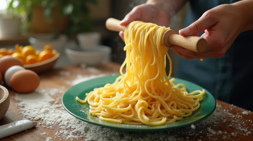 A chef preparing fresh egg noodles, holding a rolling pin with strands of golden noodles cascading onto a green plate. The wooden table is dusted with flour, and surrounding ingredients include eggs and a bowl of fresh yellow tomatoes, creating a cozy kitchen setting.