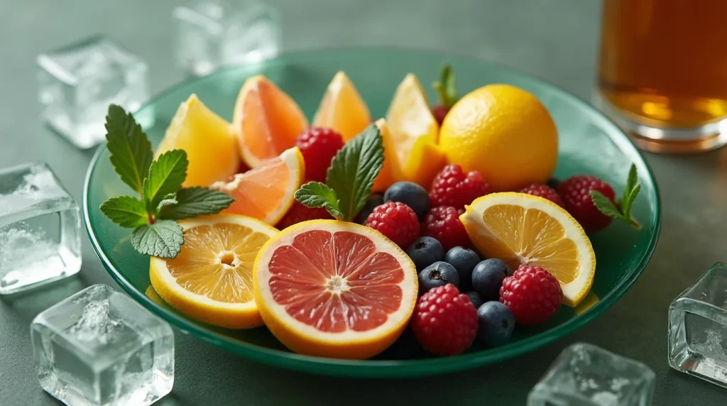 A vibrant plate of fresh cocktail ingredients, featuring sliced grapefruit, lemons, oranges, raspberries, blueberries, and mint leaves, surrounded by ice cubes.