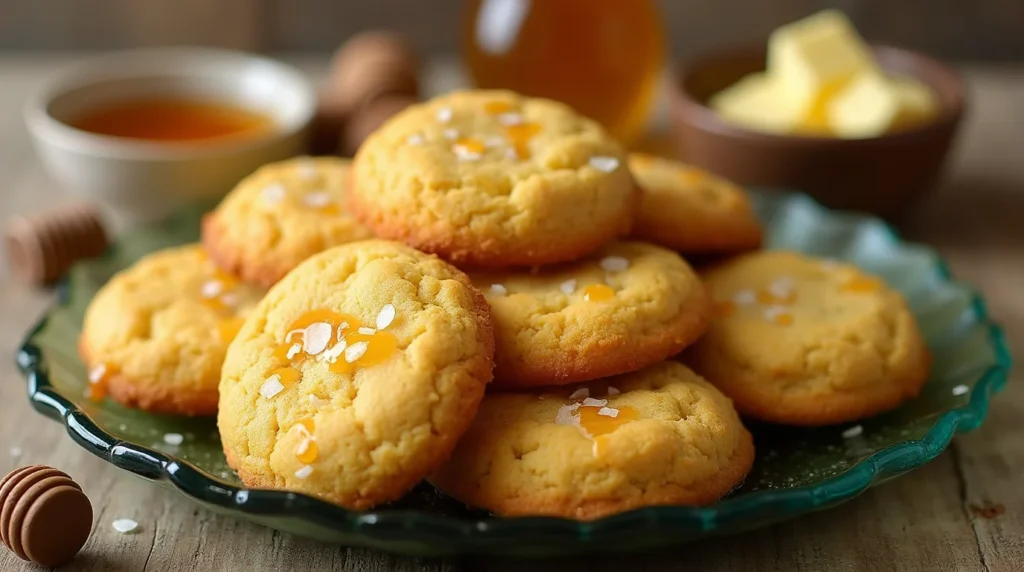 A beautifully arranged plate of honey butter cornbread cookies topped with sea salt and drizzled with honey.