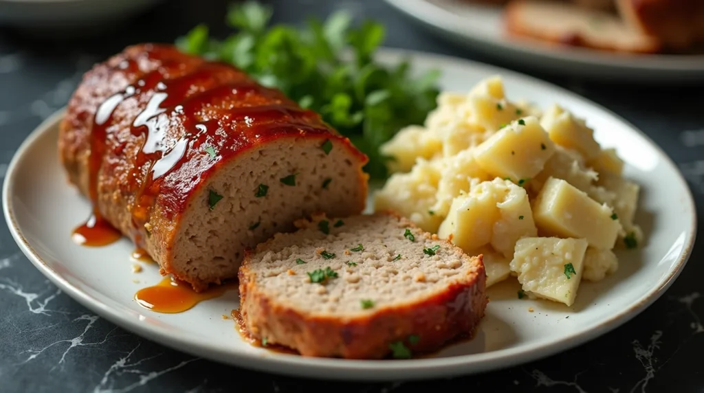 Sliced chicken meatloaf with cubed cheesy potatoes on a dinner plate