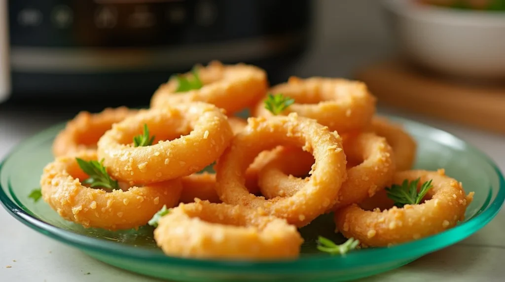 A plate of golden, crispy onion rings garnished with fresh parsley, served on a green dish with an air fryer in the background.