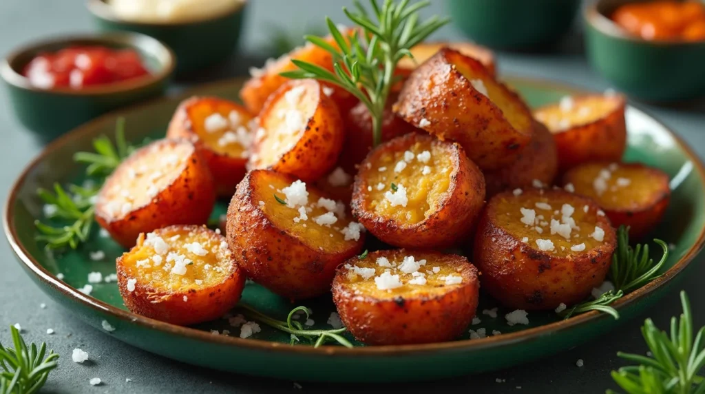 Crispy air fryed red potatoes topped with coarse salt and garnished with rosemary on a green plate.