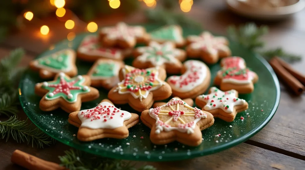 festive table set for a cookie exchange party featuring an array of beautiful Christmas Butter Cookies