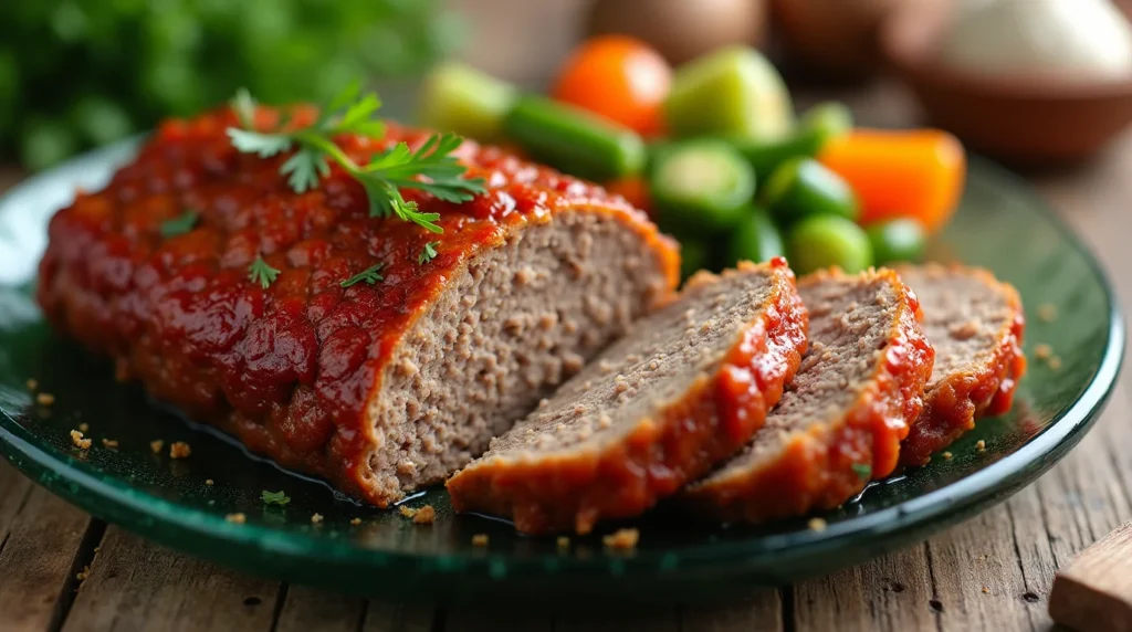Freshly baked homemade meatloaf golden brown and glistening sliced of stove top stuffing meatloaf