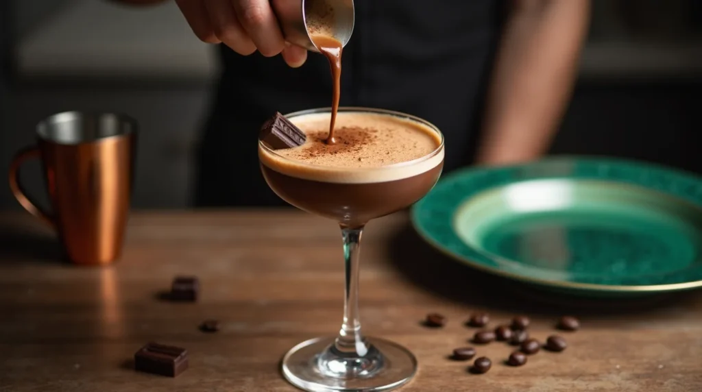 A close-up of a bartender pouring a rich, creamy chocolate espresso martini into an elegant glass on a stylish bar counter. The drink is garnished with a small chocolate piece, with coffee beans and chocolate pieces scattered artistically on the counter.