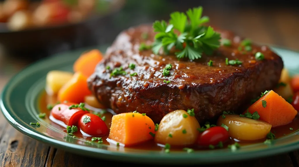 succulent boneless beef chuck roast slowly simmering