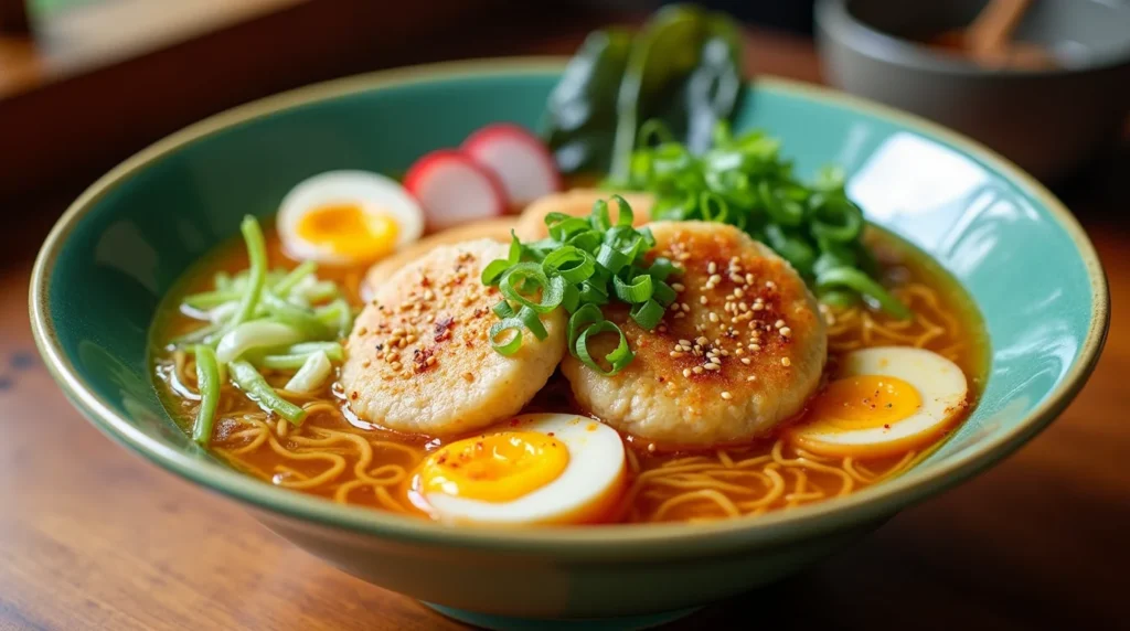 vibrant bowl of ramen featuring homemade fish cakes, with delicate strands of noodles