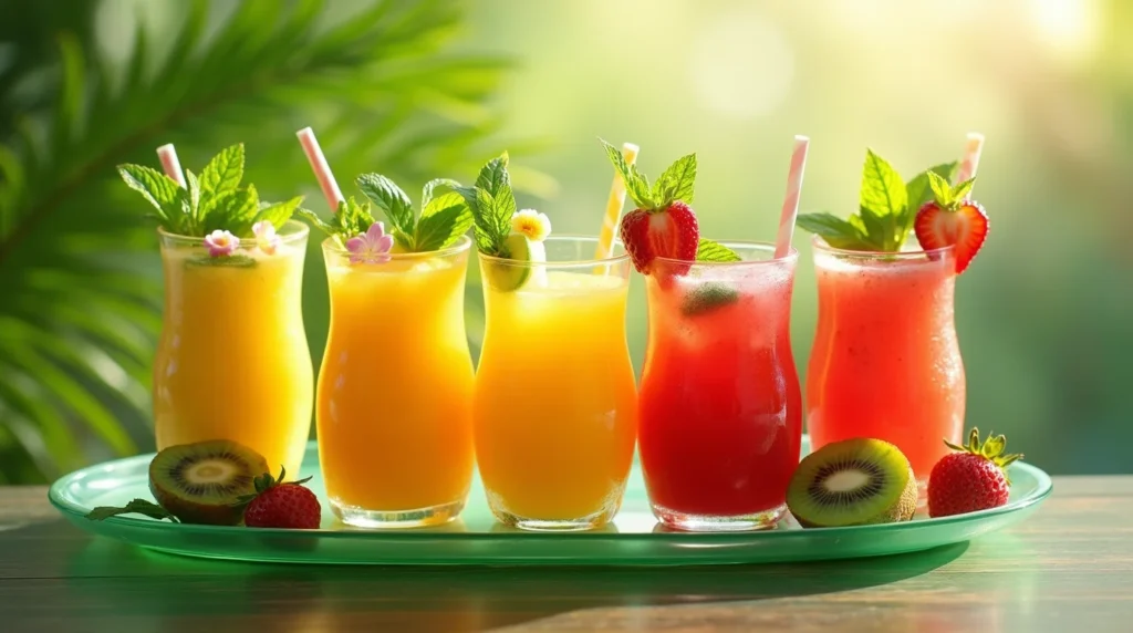 A vibrant assortment of colorful fruit cocktails in glasses garnished with fresh mint leaves, edible flowers, and strawberries, served on a green tray with kiwi and strawberry accents, set against a lush outdoor background.