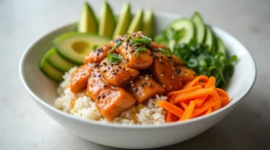 Salmon rice bowl recipe with sliced salmon, avocado, carrots, rice, and sesame seeds.