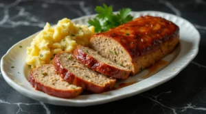 Sliced chicken meatloaf with creamy macaroni and fresh parsley on a white plate