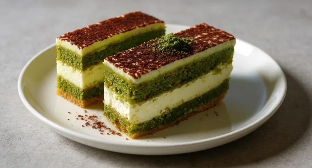 Layered matcha tiramisu dessert with creamy filling and cocoa topping on a plate.