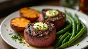 Close-up of filet mignon in air fryer served with green beans and roasted sweet potatoes.
