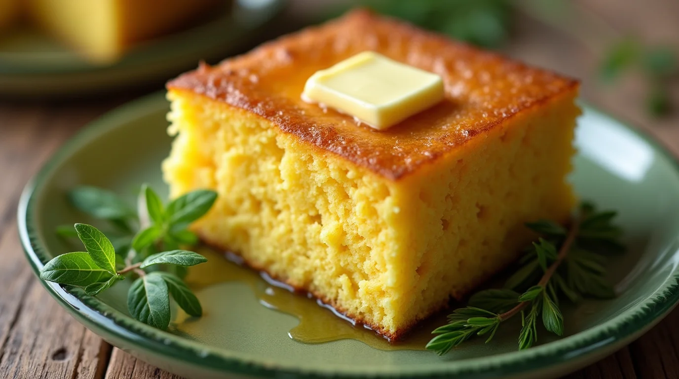A golden slice of honey butter cornbread topped with a melting pat of butter and garnished with fresh herbs.