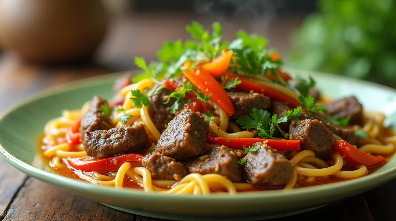 A vibrant platebeef stew with egg noodle noodle viet, garnished with fresh herbs and colorful red bell peppers. The dish is steaming, with a rich, savory sauce coating the ingredients.