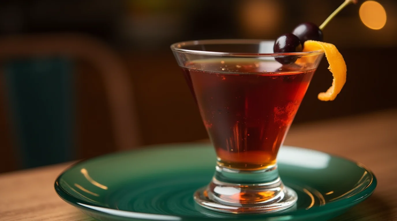 A classic Black Manhattan cocktail served in a sleek glass, garnished with a cherry and a twist of orange peel, placed on a green plate with a warm, softly lit background.