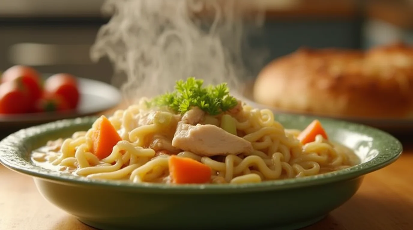 A steaming bowl of Chick Fil A Chicken Noodle Soup served in a green bowl, featuring tender chicken pieces, egg noodles, and chunks of carrots. Fresh parsley garnish adds a touch of green, with tomatoes and bread visible in the blurred background.
