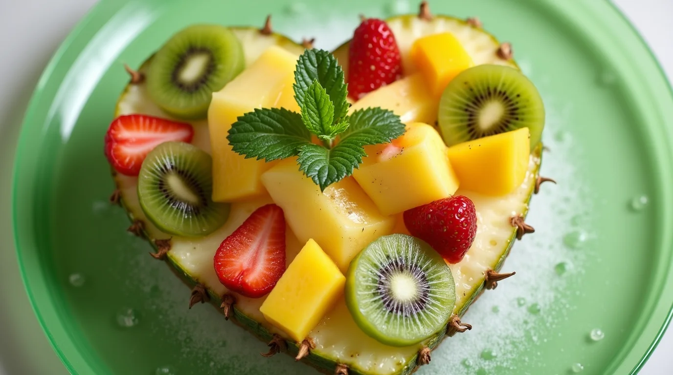 A heart-shaped pineapple bowl filled with vibrant tropical fruit cocktail, including mango chunks, kiwi slices, strawberries, and a sprig of fresh mint, placed on a green plate.