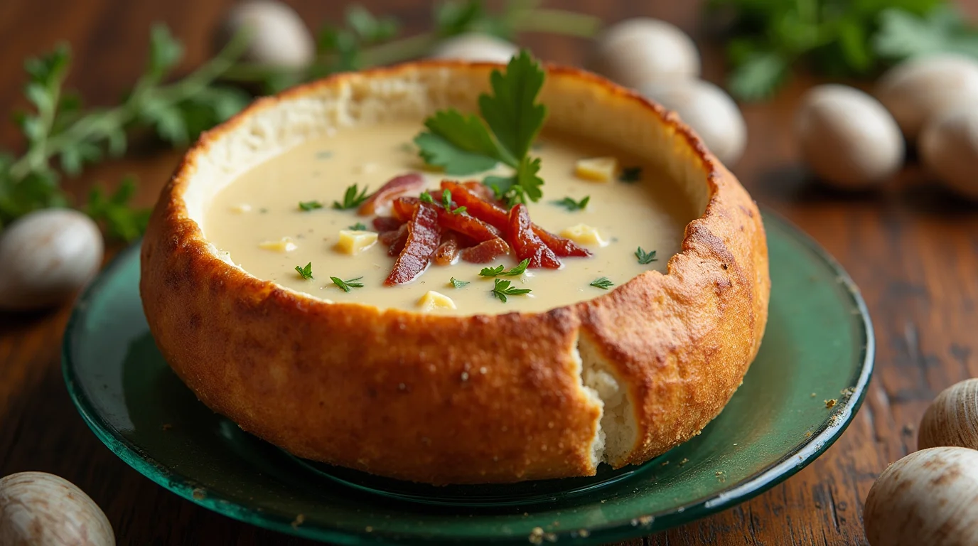 New England clam chowder bread bowl served in a bread bowl, garnished with crispy bacon and fresh herbs.
