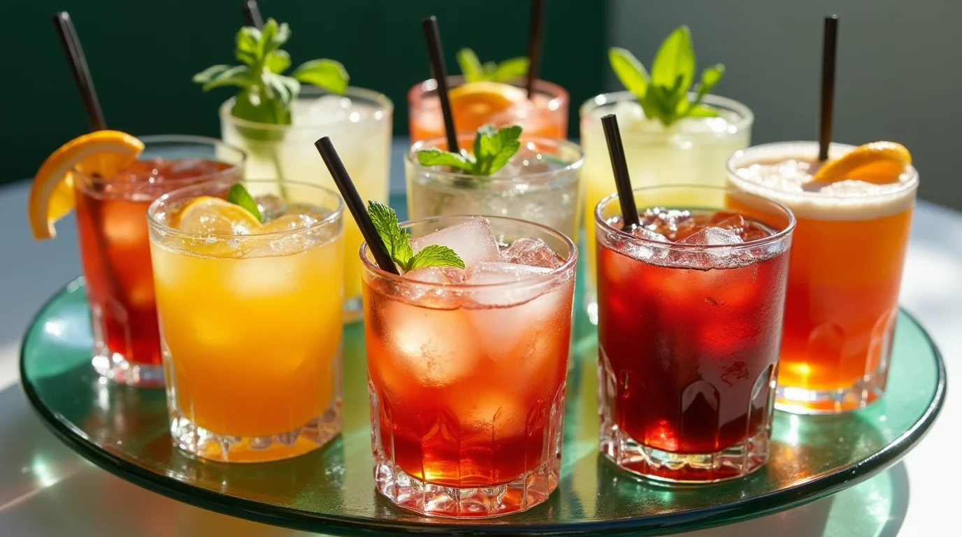 A vibrant assortment of colorful on-the-rocks cocktails garnished with fresh herbs, citrus slices, and served in crystal glasses with black straws, set on a reflective green glass tray.