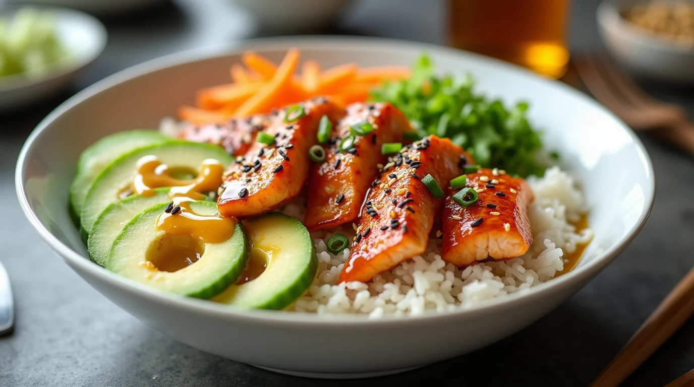Salmon rice bowl recipe with glazed salmon, avocado, cucumber, carrots, and white rice.