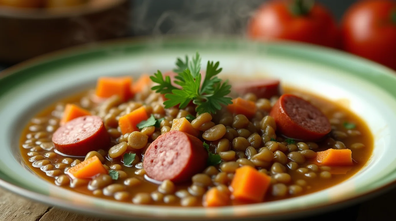 Bowl of sausage and lentil soup with carrots, garnished with fresh parsley.