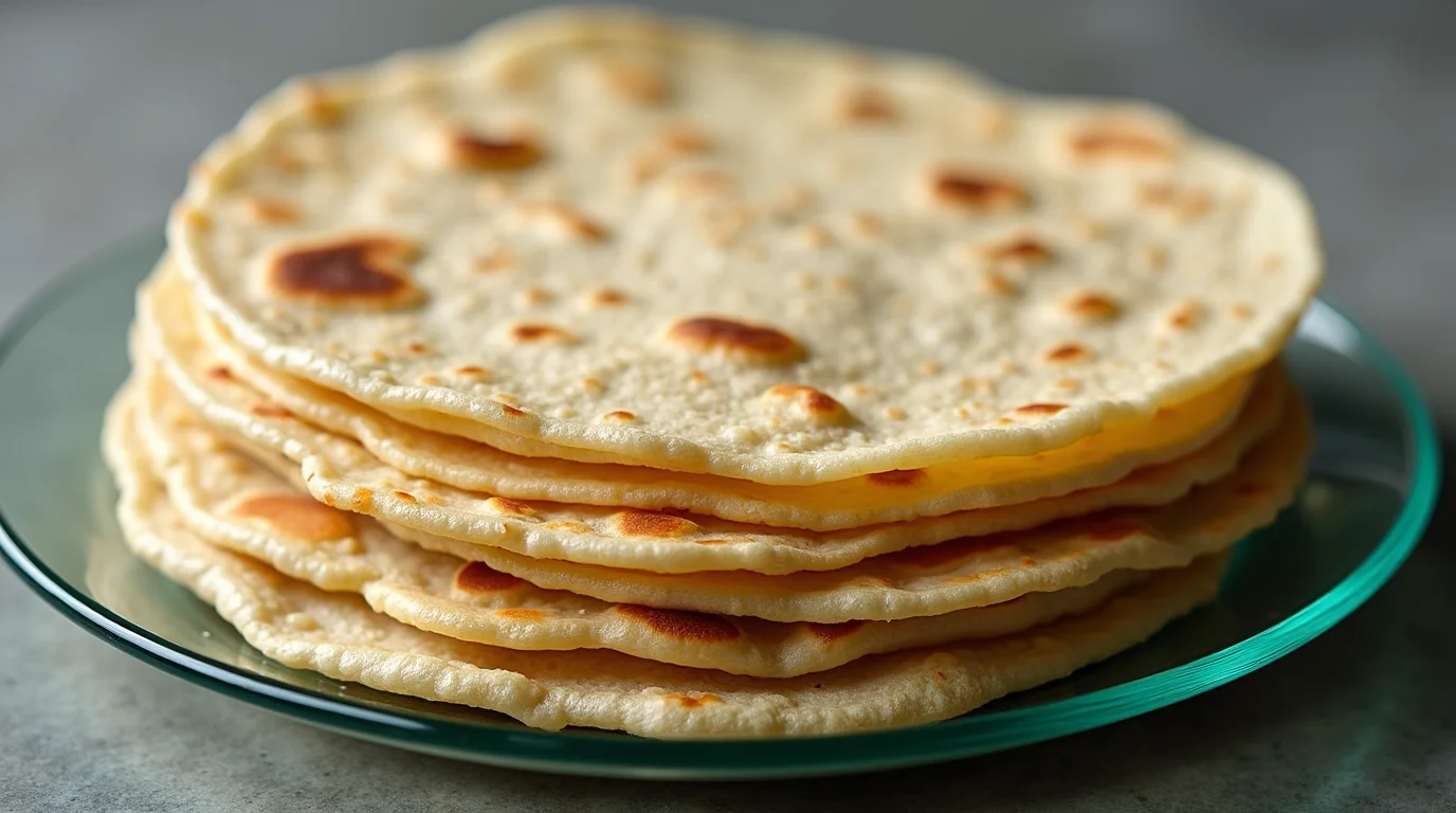 A stack of golden, homemade sourdough tortillas neatly arranged on a green plate.