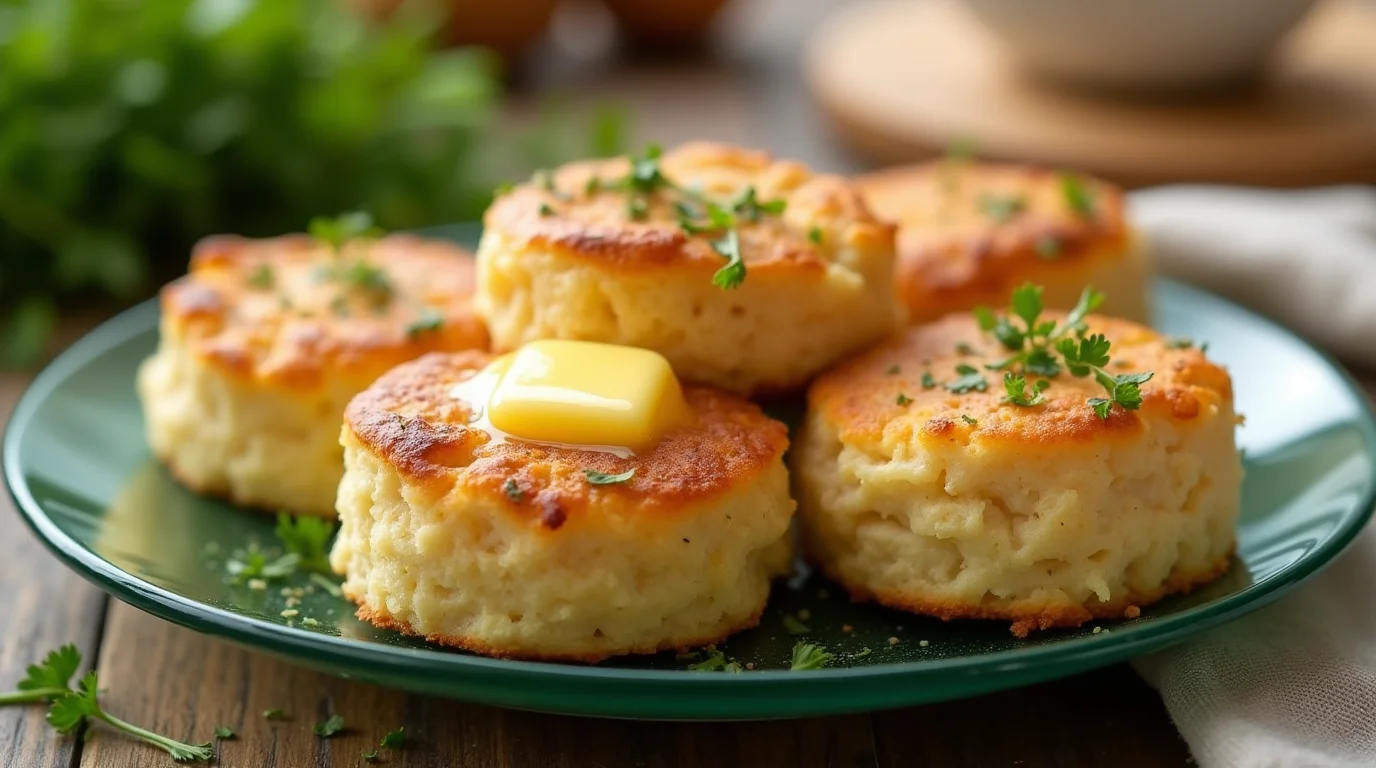 Golden, fluffy air fryer biscuits topped with melted butter and garnished with fresh herbs on a green plate.