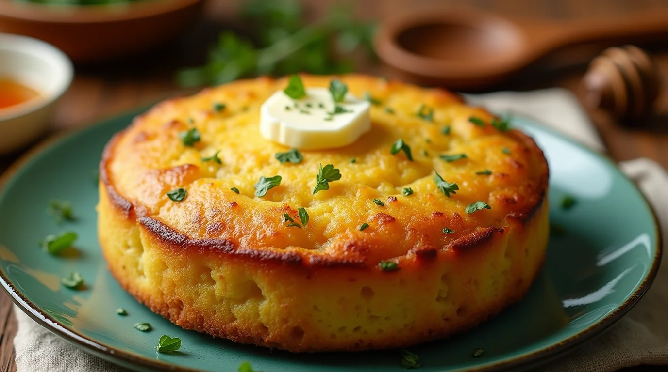 A golden air fryer cornbread topped with a pat of melting butter and garnished with fresh herbs, served on a teal plate.