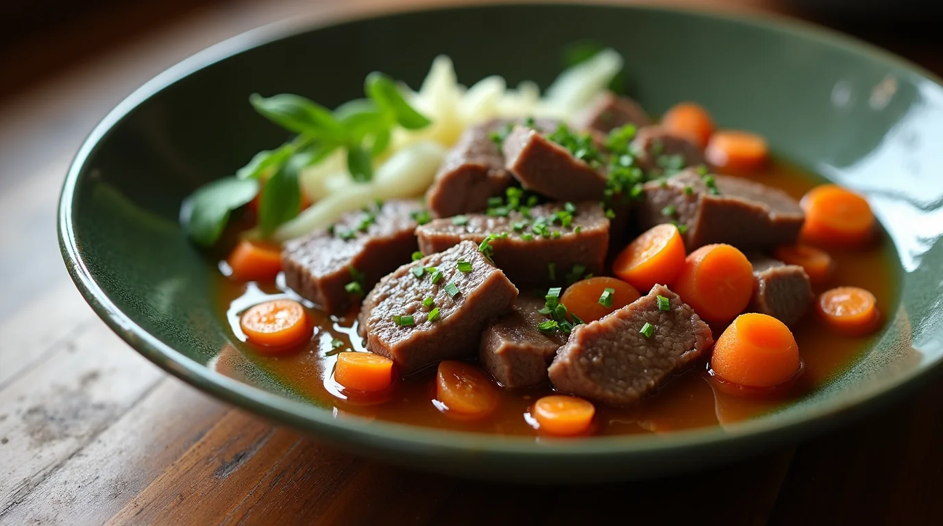 A flavorful beef stew roux japanese served in a green bowl.