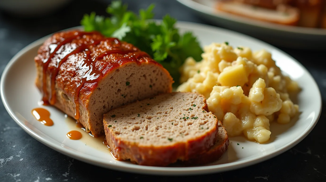 Sliced chicken meatloaf with a ketchup glaze served with creamy potatoes on a white plate.