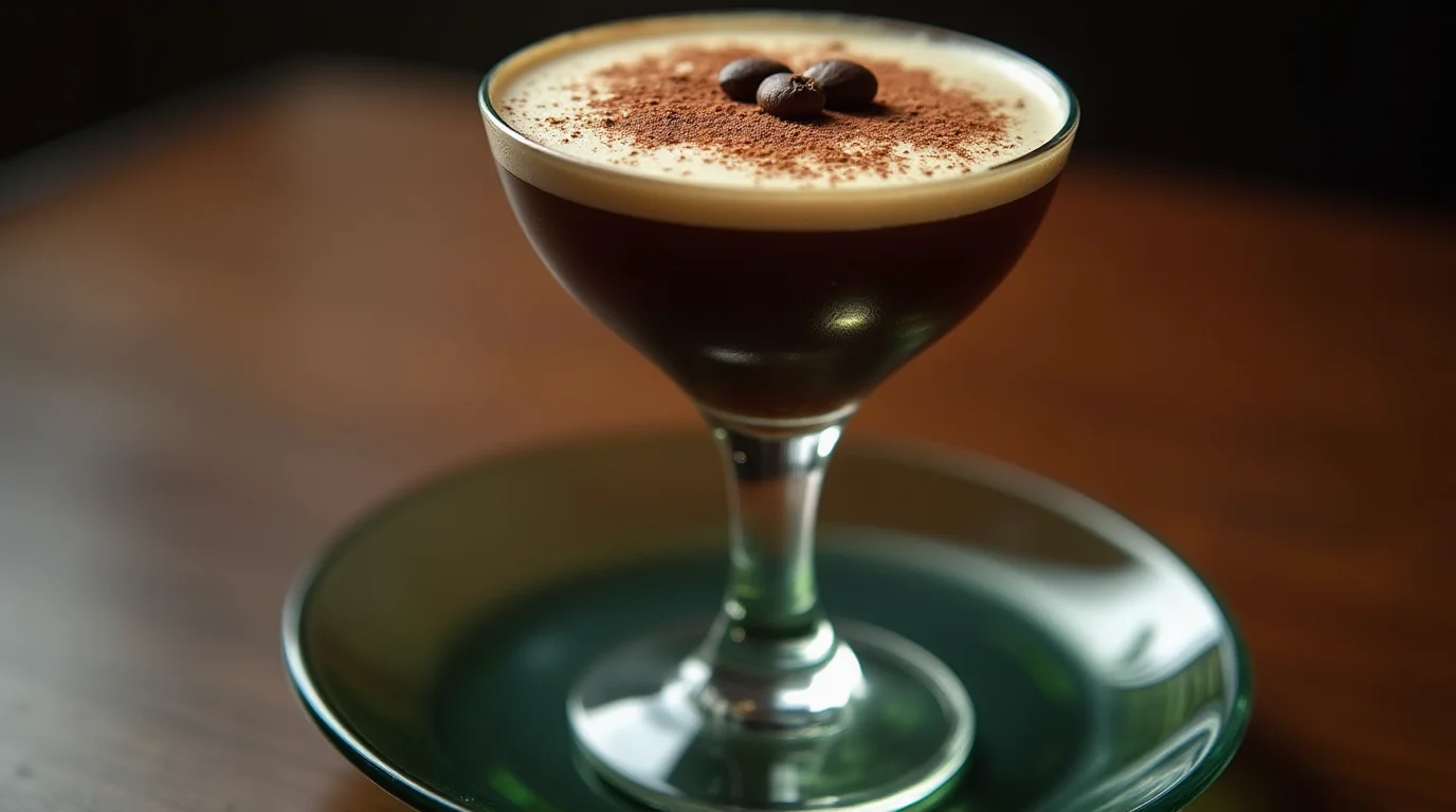 A luxurious chocolate espresso martini served in a coupe glass, topped with a frothy layer, cocoa powder, and three coffee beans, placed on a green plate with a blurred wooden background.