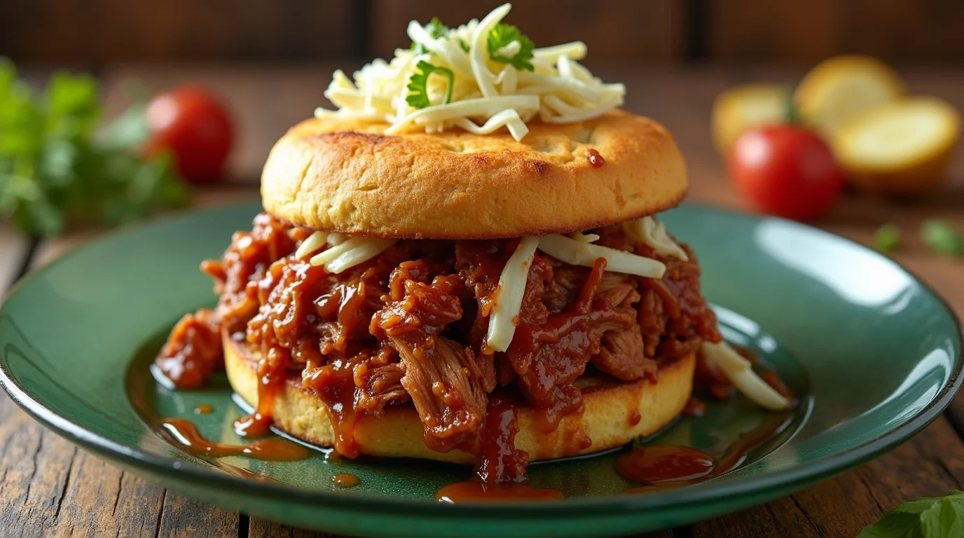 A cornbread BBQ sandwich with tender pulled pork and melted cheese, topped with fresh herbs, served on a green plate.