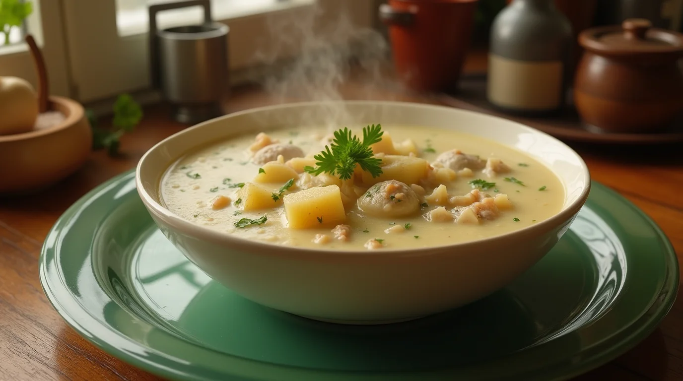 A steaming bowl of grandmothers clam chowder recipe with potatoes and parsley garnish.