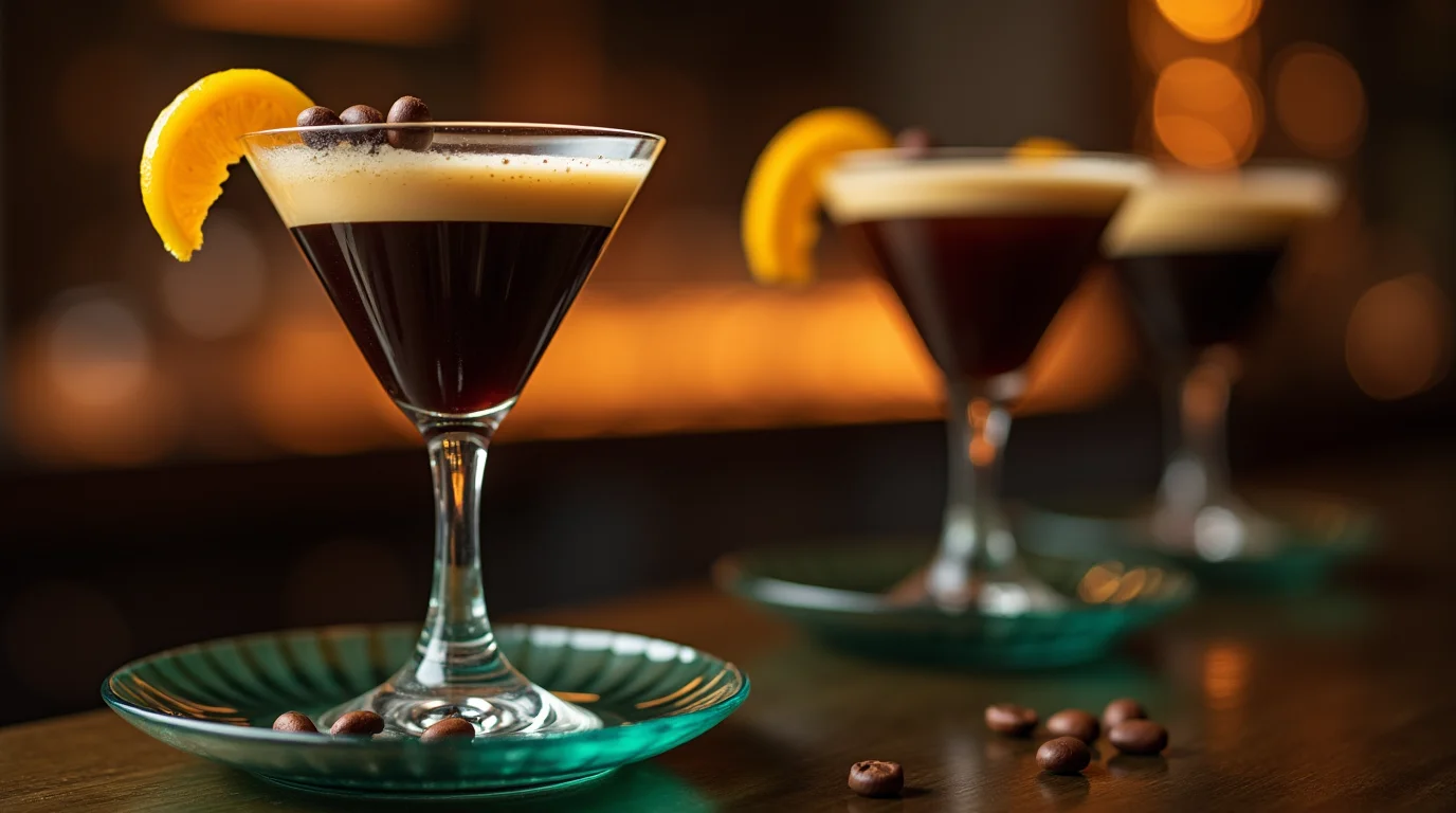 Three Cutwater espresso martini cocktails garnished with coffee beans and orange slices, served on green saucers with a blurred, warm-toned bar background.