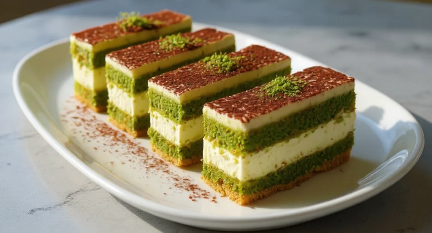 Delicious layered matcha tiramisu dessert with cocoa topping on a white plate.