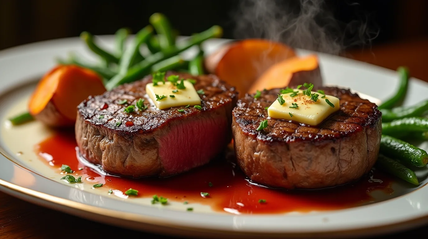 Juicy filet mignon in air fryer served with green beans and sweet potatoes.
