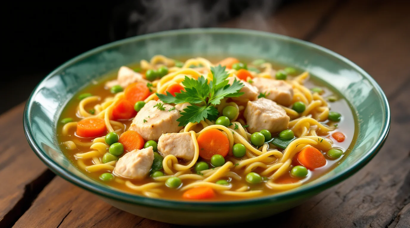 A vibrant bowl of vegetarian chicken noodle soup featuring tender chicken chunks, peas, carrots, and parsley garnish, served in a green bowl on a rustic wooden table.