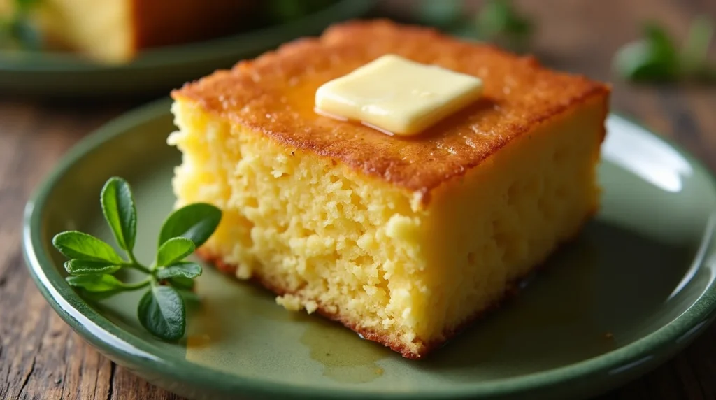 A slice of golden honey butter cornbread topped with a melting pat of butter on a green plate, garnished with fresh herbs.