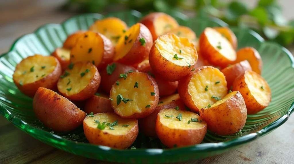 A plate of golden-brown halved air fryed red potatoes, air-fried to perfection, garnished with fresh herbs. The potatoes are arranged on a green glass plate, showcasing their crispy exterior and fluffy interior.