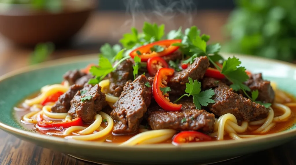 A close-up view of a plate ofBeef Stew With Egg Noodle Noodle Viet, garnished with fresh parsley and sliced red chili peppers. The dish is steaming, with tender beef and a rich sauce spread across the noodles.