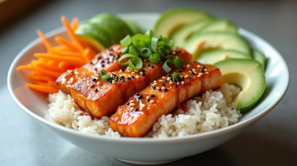 Salmon rice bowl recipe with glazed salmon, avocado slices, shredded carrots, and rice.