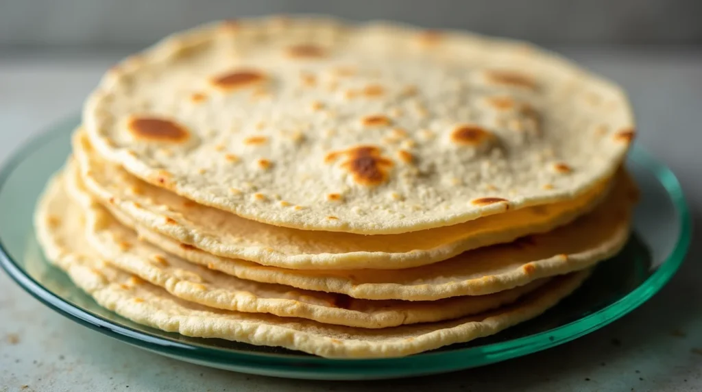 A close-up stack of golden sourdough tortillas neatly arranged on a green plate.