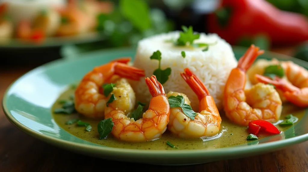 A plate of Thai green curry shrimp served with jasmine rice, garnished with fresh herbs and slices of red chili, on a green plate.