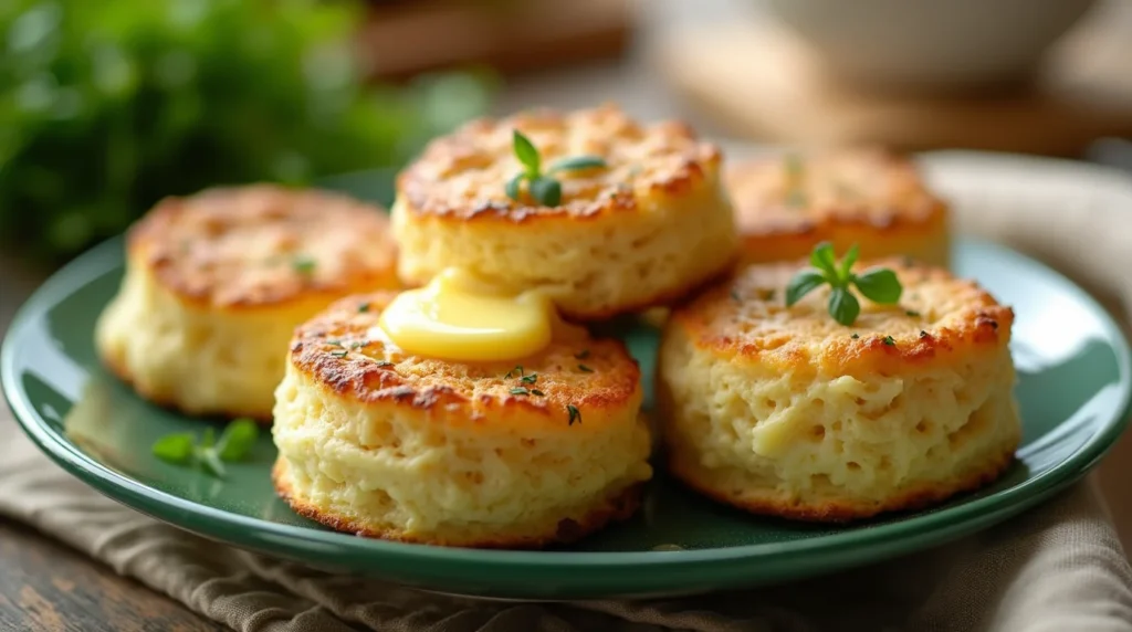 Close-up of freshly baked air fryer biscuits, golden brown with a soft, flaky interior, garnished with melted butter and herbs on a green plate.