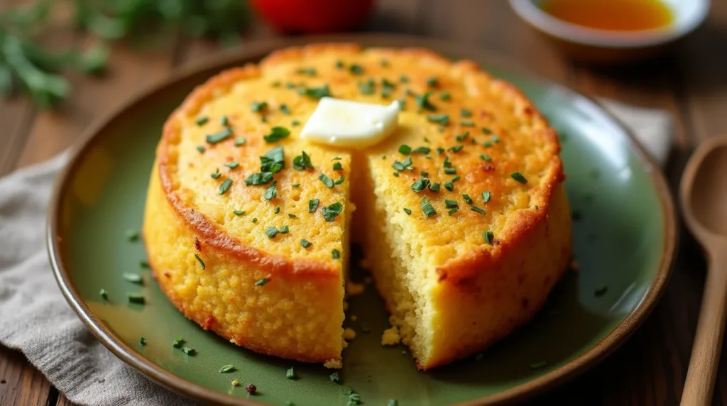 A sliced air fryer cornbread with a golden crust, topped with a pat of butter and garnished with fresh herbs, served on a green plate.