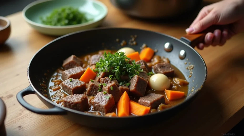 A pan of beef stew roux japanese with tender beef chunks, carrots, quail eggs, and garnished parsley.